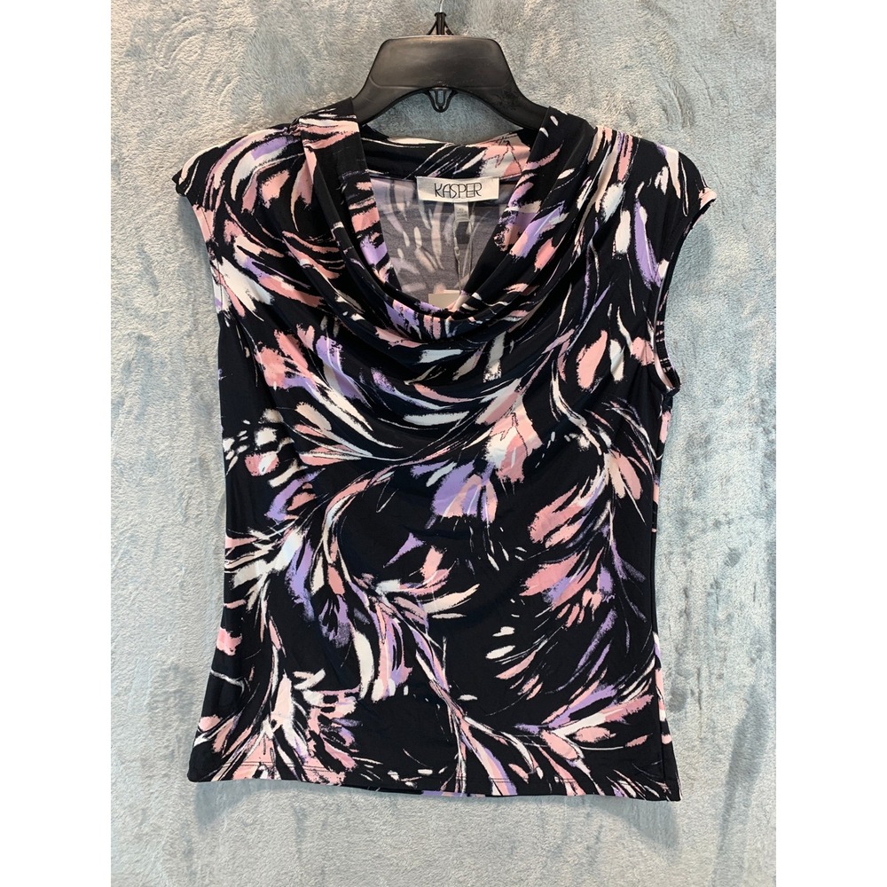 Kasper Womens Cowl Neck Sleeveless Abstract Floral Print Top Black Multi XS